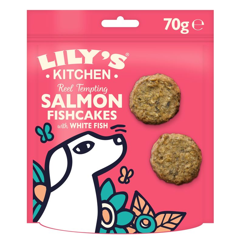 Lily's Kitchen Reel Tempting Salmon Fishcakes with White Fish, 70g. Two round fishcakes on pink packaging.