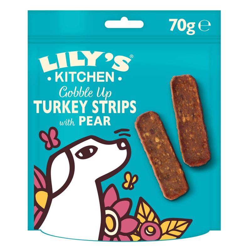 Lily's Kitchen Gobble Up Turkey Strips with Pear, 70g. Two strips shown next to the packaging.