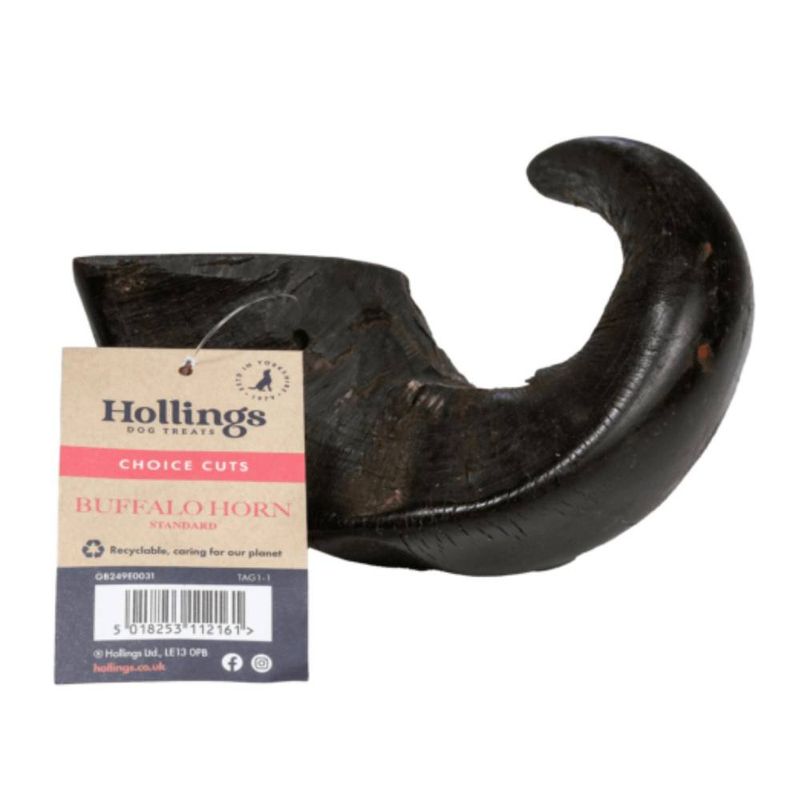 Buffalo horn treat with label showing 'Choice Cuts', 'Buffalo Horn Standard', barcode, and recycling information.