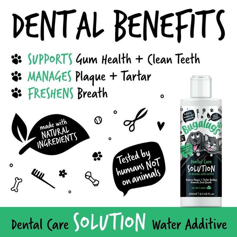 Dental care solution water additive supports gum health, manages plaque and tartar, freshens breath, made with natural ingredients, tested by humans not on animals.