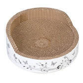 Round scratching mat made of corrugated cardboard with white edge, decorated with butterfly and flower motifs.