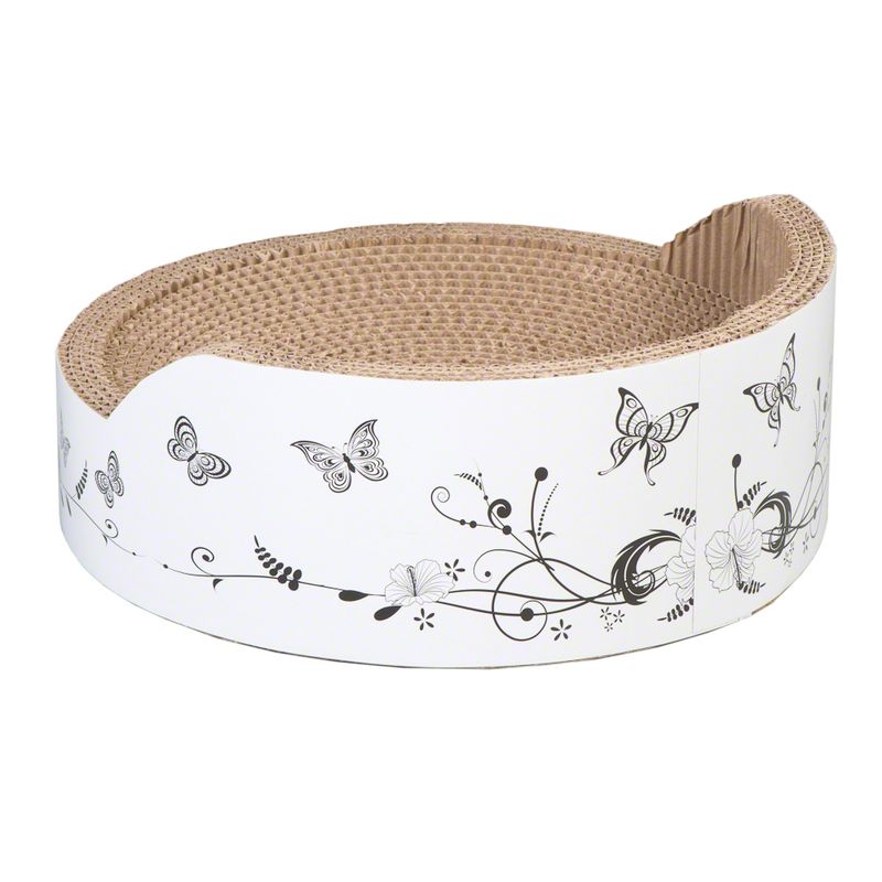 Round scratching mat made of cardboard with a white edge, decorated with black butterflies and floral patterns.
