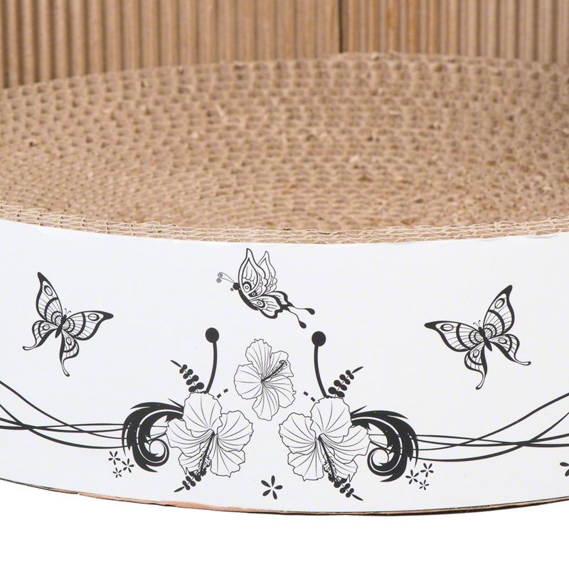 Scratching board with floral design and butterfly motifs, made of corrugated cardboard.