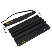 Black foldable mat with carry bag, shown open and rolled up. Includes securing clips and visible brand text 'Rollmat'.