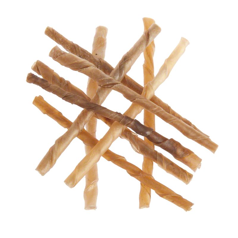 Several twisted chew snacks in various shades of brown, visible without packaging.