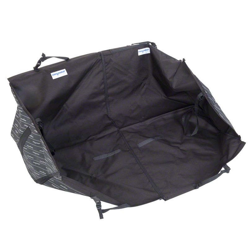 Black car seat cover with hook-and-loop fasteners and straps, suitable for protecting the back seat. Kleinmetall brand name visible on labels.