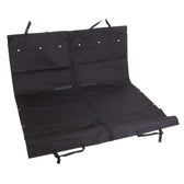Black, foldable protective mat with fastening straps and zip, suitable for use in the car or on floors.