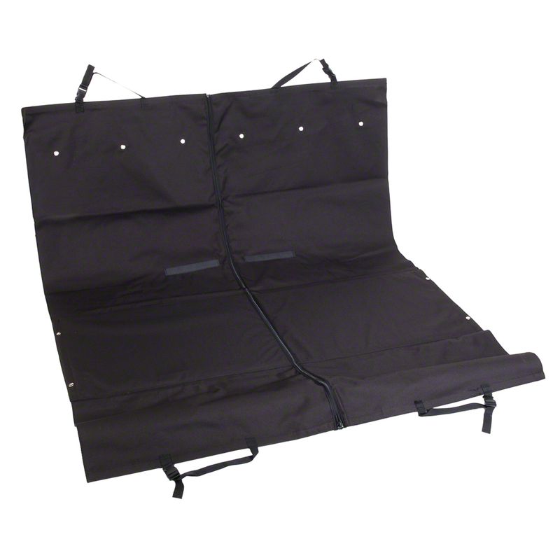 Black, foldable protective mat with fastening straps and zip, suitable for use in the car or on floors.