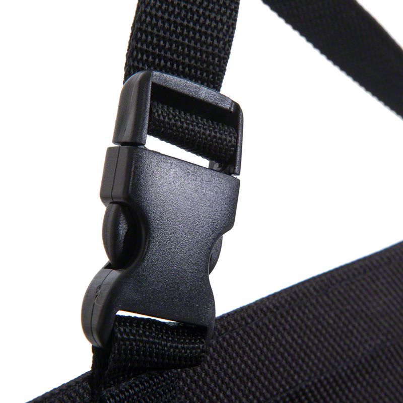 Close-up of a black plastic click fastener on a black webbing strap.