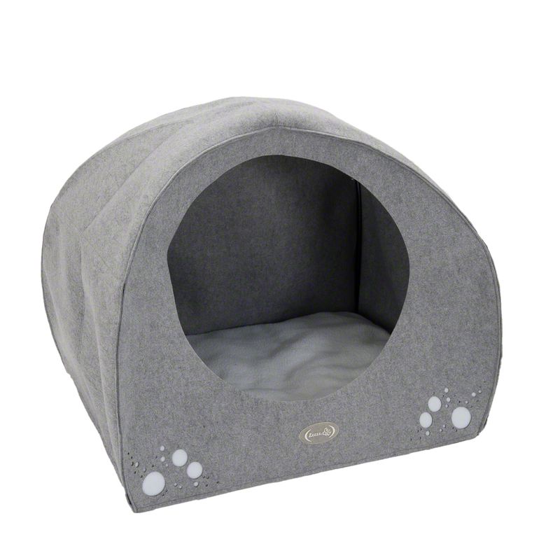 Grey, semi-circular pet bed with soft inner cushion and paw print design on the front.
