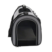 Carrier bag with grey fabric and black mesh window, suitable for pet transport. With carrying handle and zip.