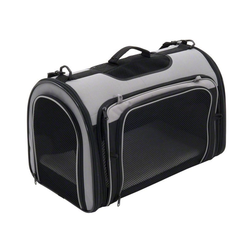 Transport bag made of grey and black material with mesh windows, carrying handle and zips. Suitable for safe transport of pets.