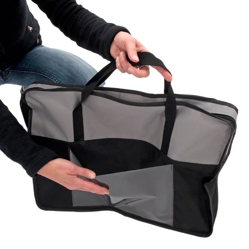 Grey and black tote bag with handles, open compartment shown by a hand.