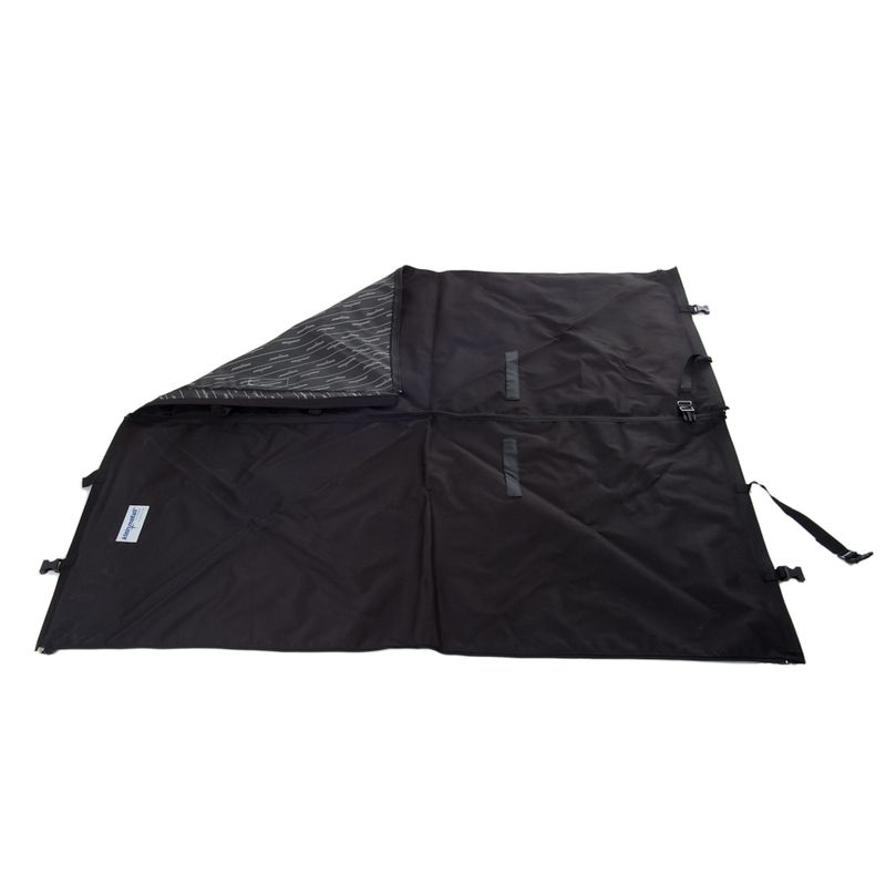 Black protective cover with non-slip surface, straps and clips for attachment. Suitable for boot or seat protection.