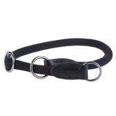 Black dog collar made of braided nylon with two metal rings and leather details.