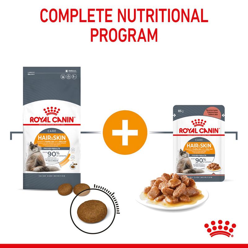 Image showing a complete nutritional programme with dry and wet food, highlighting Royal Canin Hair & Skin Care products and a plate of food pieces in gravy.
