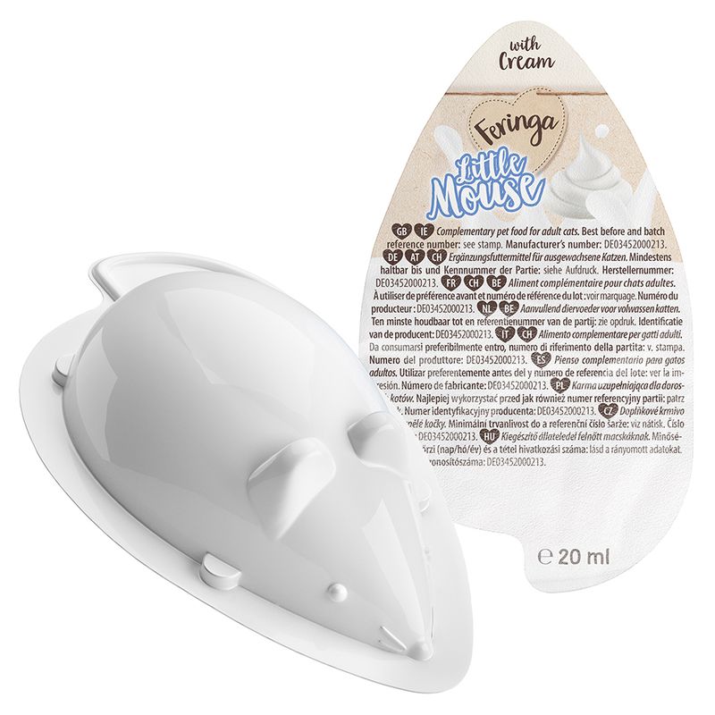Feringa Little Mouse complementary food for adult cats, with cream, 20 ml. Manufacturer and batch number DE03452000213 visible on packaging.