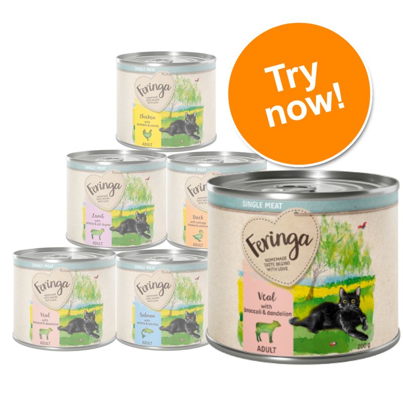 Selection of Feringa single meat adult food tins in veal, chicken, lamb, duck and salmon varieties. Orange circle with text: Try now!