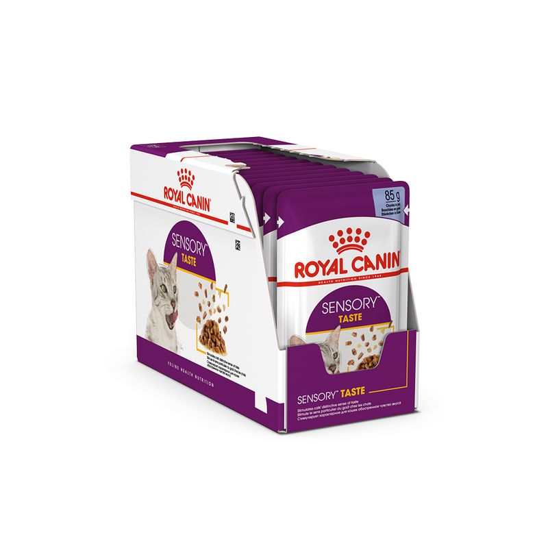Box containing multiple 85g pouches labelled Royal Canin Sensory Taste. Packaging shows food pieces and product name. No additional usage or feeding information visible.