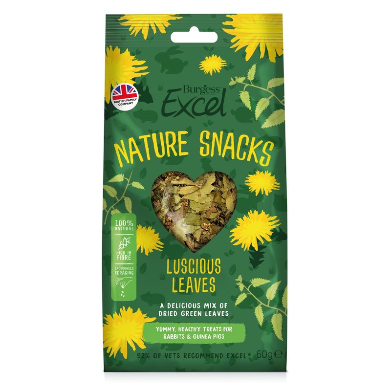 Burgess Excel Nature Snacks Luscious Leaves, 100% natural, high in fibre, encourages foraging, 60g. Delicious, healthy treats for rabbits & guinea pigs.