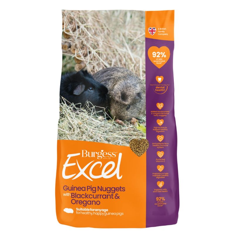 Burgess Excel Guinea Pig Nuggets with Blackcurrant and Oregano, suitable for all ages. 92% of vets recommend, British family business.