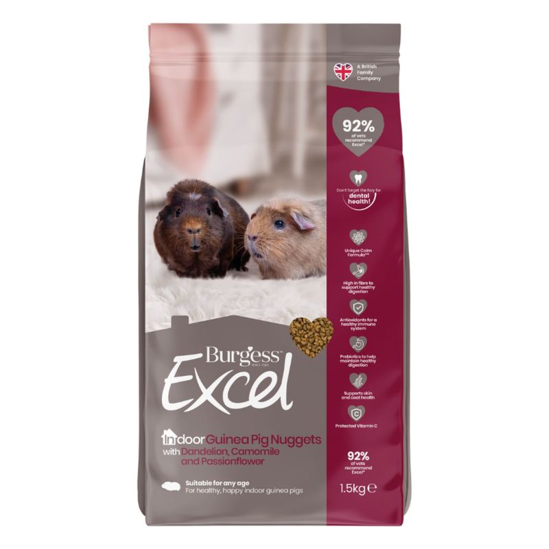 Burgess Excel Indoor Guinea Pig Nuggets with Dandelion, Chamomile and Passionflower, 1.5 kg. Suitable for all ages. 92% of vets recommend Excel.