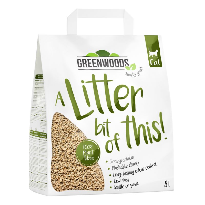 Greenwoods cat litter, biodegradable, made from 100% plant fibres. Features: flushable clumps, long-lasting odour control, low dust, gentle on paws. Contents: 8L.