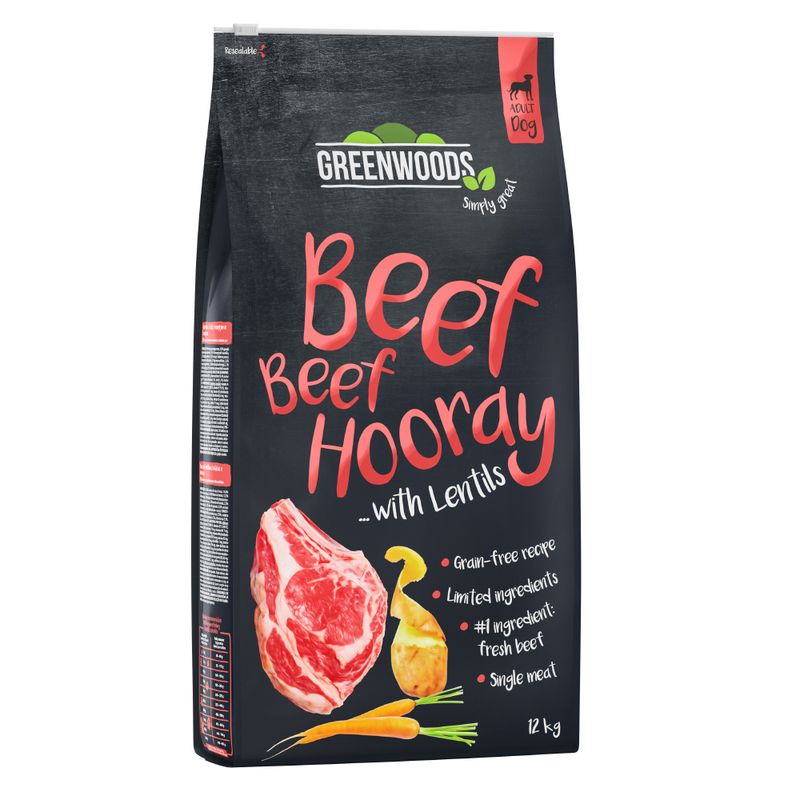 Greenwoods Beef Beef Hooray with lentils, grain-free recipe, fresh beef as main ingredient, limited ingredients, single meat. 12 kg for adult dogs.