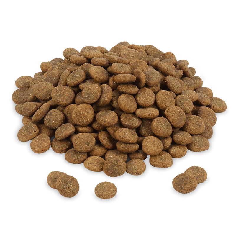 Brown, round dry food pieces in a pile, suitable for pets. No further information visible.