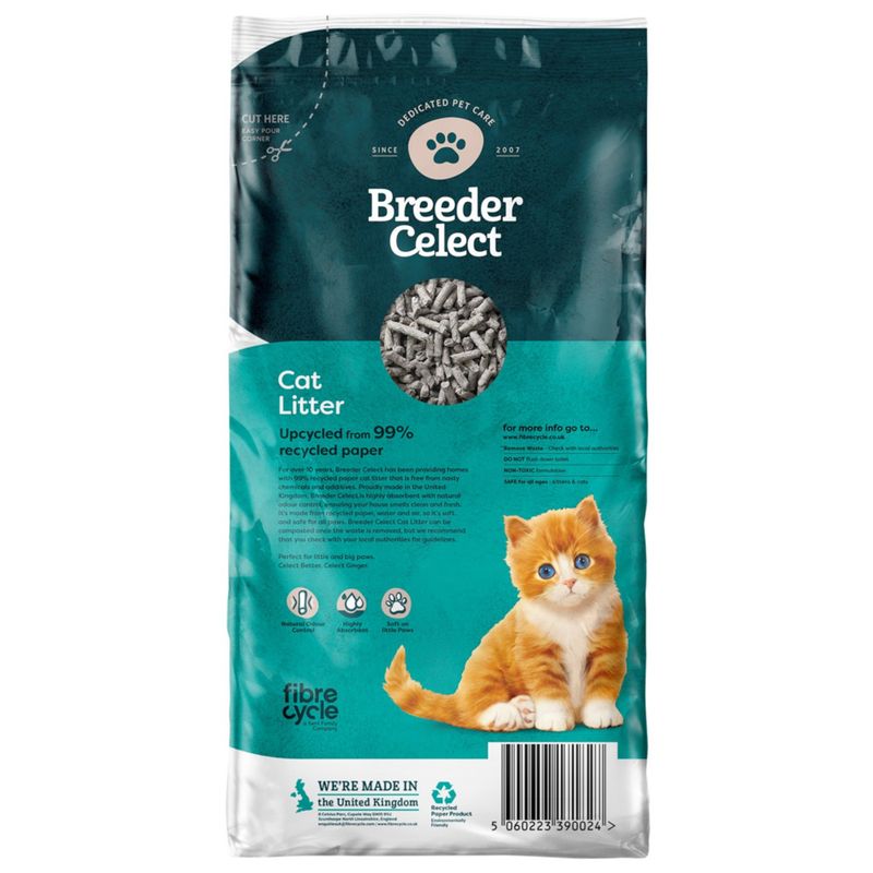 Breeder Celect Cat Litter, upcycled from 99% recycled paper. Features include odour control, low dust, and suitability for all ages. Made in the United Kingdom.