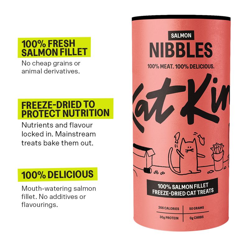 100% fresh salmon fillet, freeze-dried to protect nutrition, no grains or animal derivatives, no additives or flavourings. 100% salmon fillet freeze-dried cat treats, 50g, 266 calories.
