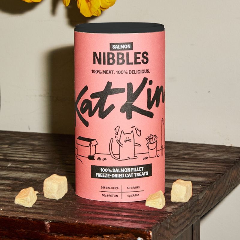 KatKin Nibbles 100% salmon fillet freeze-dried cat treats, 266 calories, 30g protein, 0g carbs per 50g pack. 100% meat. 100% delicious.