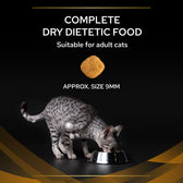 Complete dry dietetic food for adult cats, showing a single kibble with approximate size 9mm and a cat eating from a bowl.