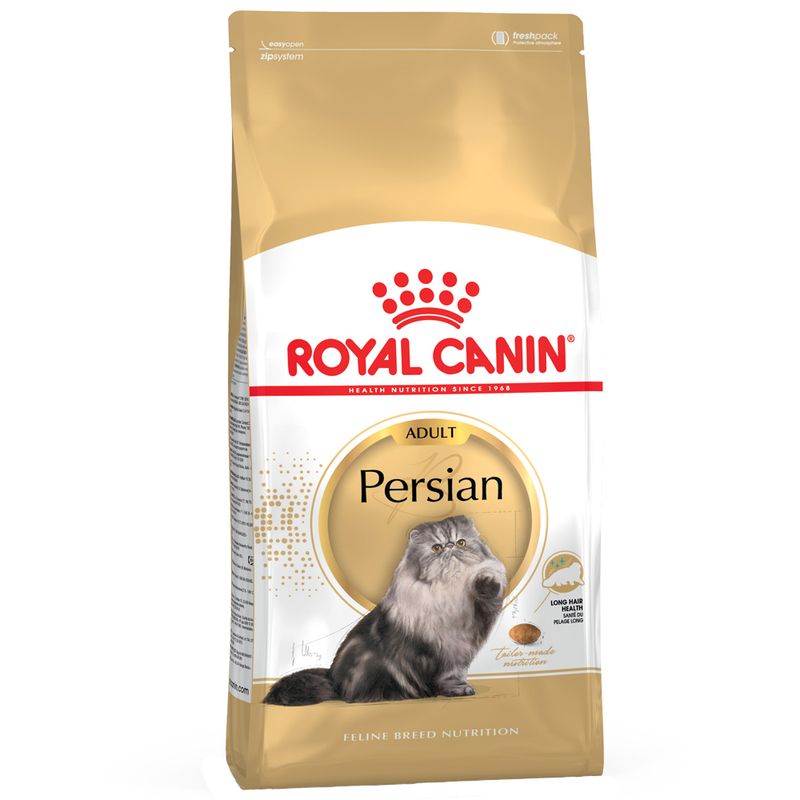 Royal Canin Adult Persian cat food for Persian cats, packaging with image of a long-haired cat and note on tailored nutrition for coat health.