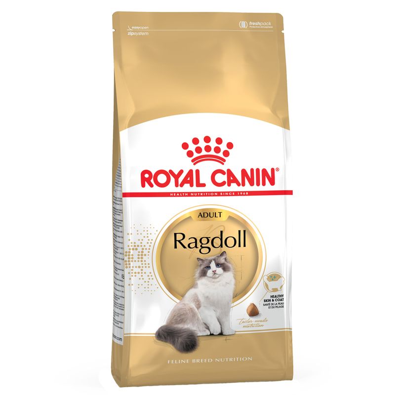 Royal Canin Adult Ragdoll cat food, specially for Ragdoll cats. Packaging shows a Ragdoll cat and highlights healthy skin and coat care.