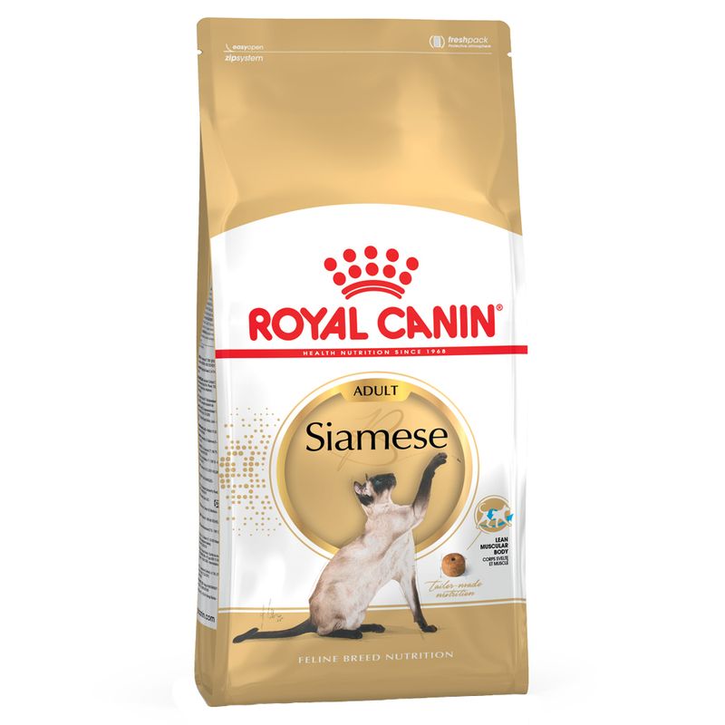 Royal Canin Adult Siamese cat food, specially for Siamese cats. Packaging shows a Siamese cat and note on tailored nutrition with lean muscle support.