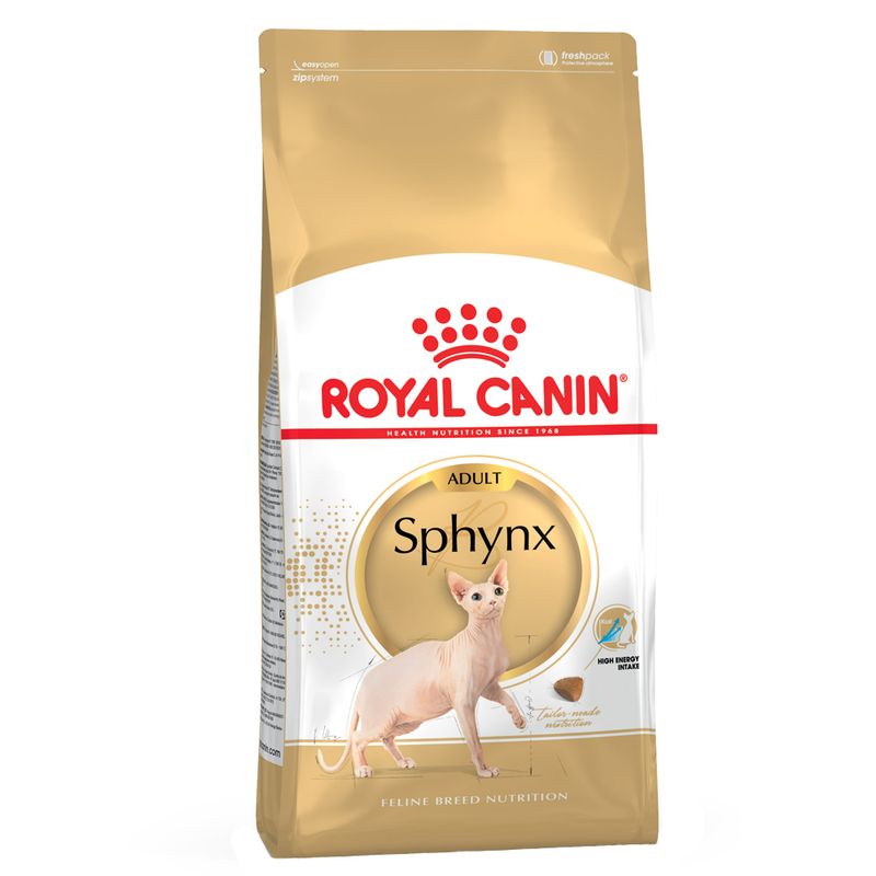 Royal Canin Adult Sphynx cat food, specially for Sphynx cats. Packaging shows a Sphynx cat and notes tailored nutrition and high energy intake.