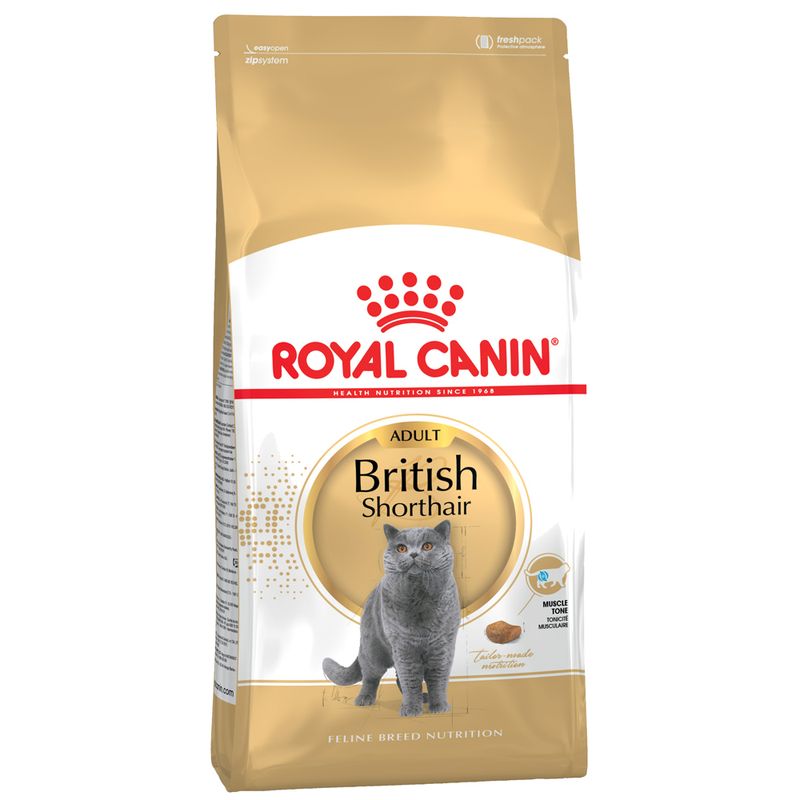 Royal Canin Adult British Shorthair cat food, tailored for muscle tone and customised nutrition. Packaging shows a grey cat.