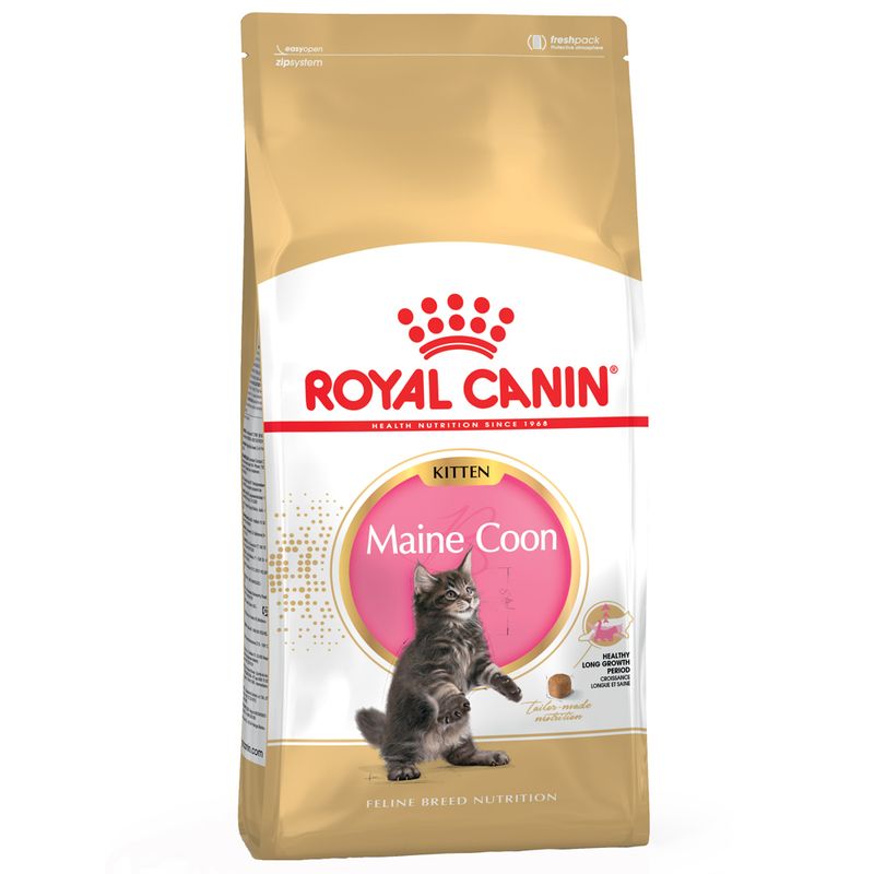 Royal Canin Maine Coon Kitten dry food, specially for Maine Coon kittens. Packaging shows a cat and highlights tailored nutrition.
