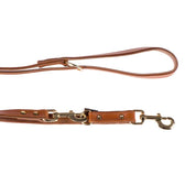 Brown leather dog lead with metal snap hook and studs, includes hand strap.