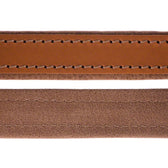 Close-up of two brown leather straps with visible stitching, different textures and shades.