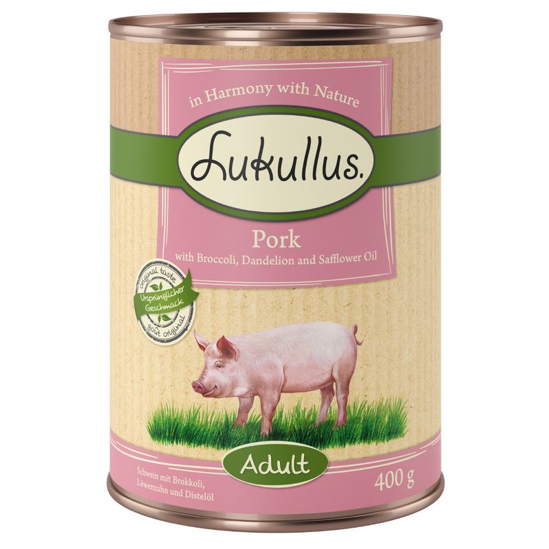 Lukullus Adult pork with broccoli, dandelion and safflower oil, 400 g. Original taste, in Harmony with Nature.