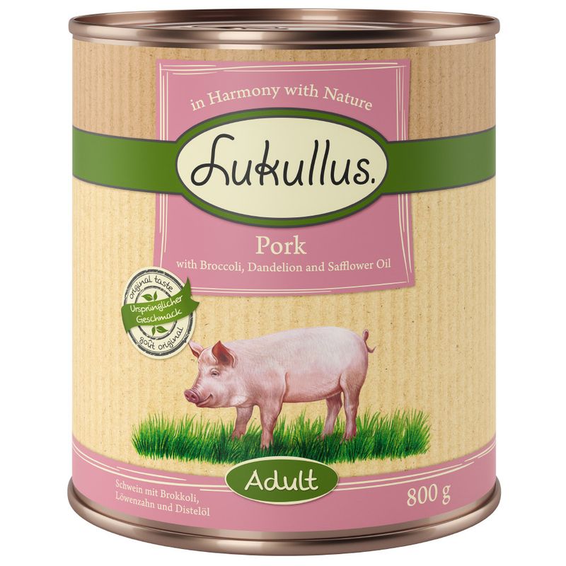Lukullus Adult pork with broccoli, dandelion and safflower oil. 800 g can. Original taste, in Harmony with Nature.