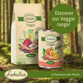 Lukullus Veggie range with peas, carrot and apple for adults. Discover our Veggie range. In Harmony with Nature. Cans and bags shown with vegetables.
