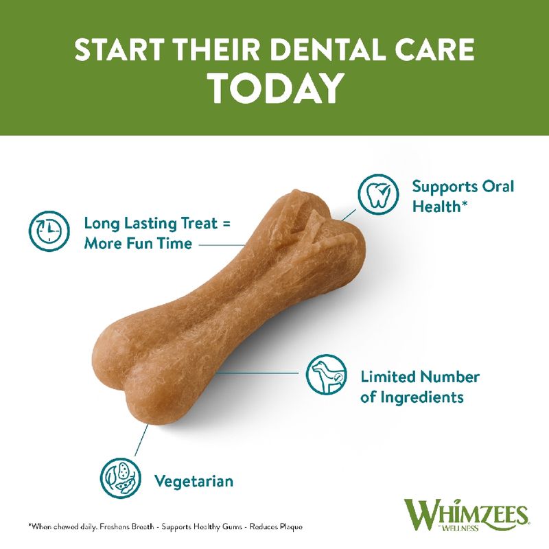 Dental treat with features: long lasting for more fun, supports oral health, vegetarian, limited number of ingredients. Text: Start their dental care today.