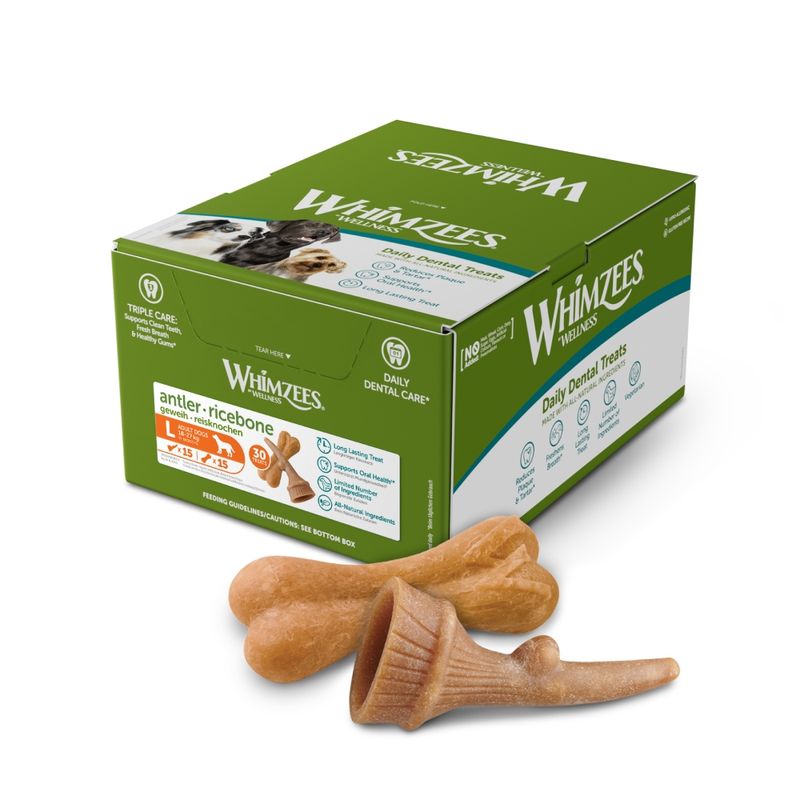 Box of Whimzees antler and ricebone daily dental treats, large size, 30 pieces. Features include long-lasting treat, supports oral health, and made with natural ingredients.