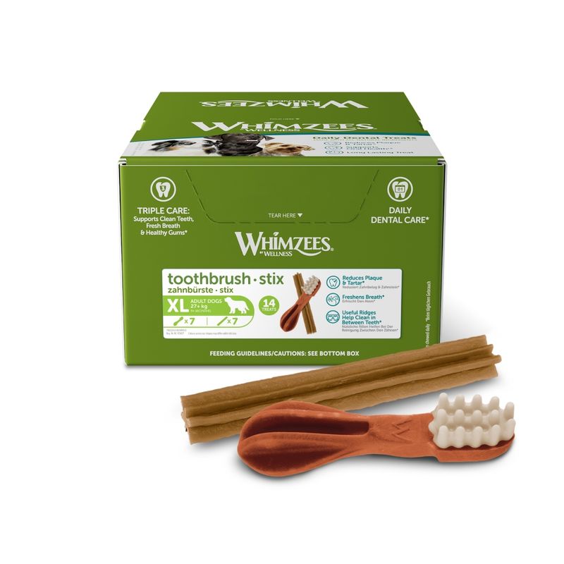 Whimzees toothbrush stix XL, 14 treats for adult dogs 27-56kg. Reduces plaque, freshens breath, useful ridges help clean teeth. Daily dental care. Feeding guidelines on box bottom.