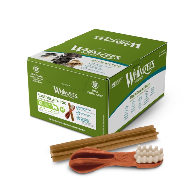Box of Whimzees Wellness toothbrush stix XL, daily dental treats, with three treats shown in front. Packaging highlights triple care and feeding guidelines on the box.