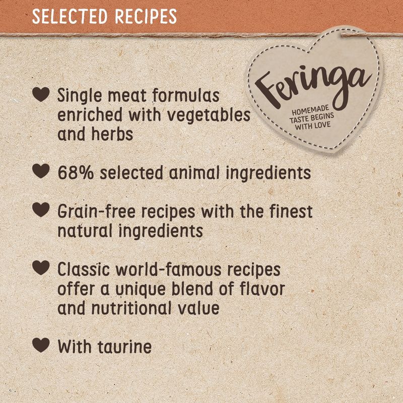 Single meat formulas with vegetables and herbs, 68% selected animal ingredients, grain-free recipes with natural ingredients, classic recipes for flavour and nutrition, with taurine.