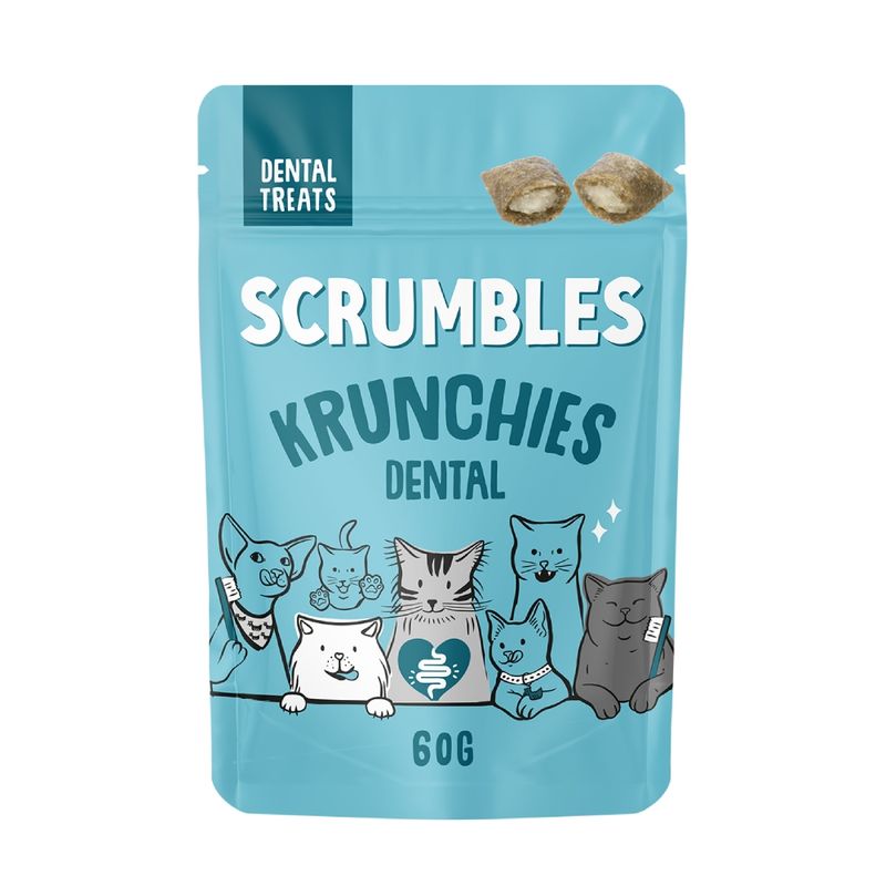 Scrumbles Krunchies Dental Treats, 60g pack, labelled as dental treats with illustrated animals holding toothbrushes and two treat pieces shown at the top.